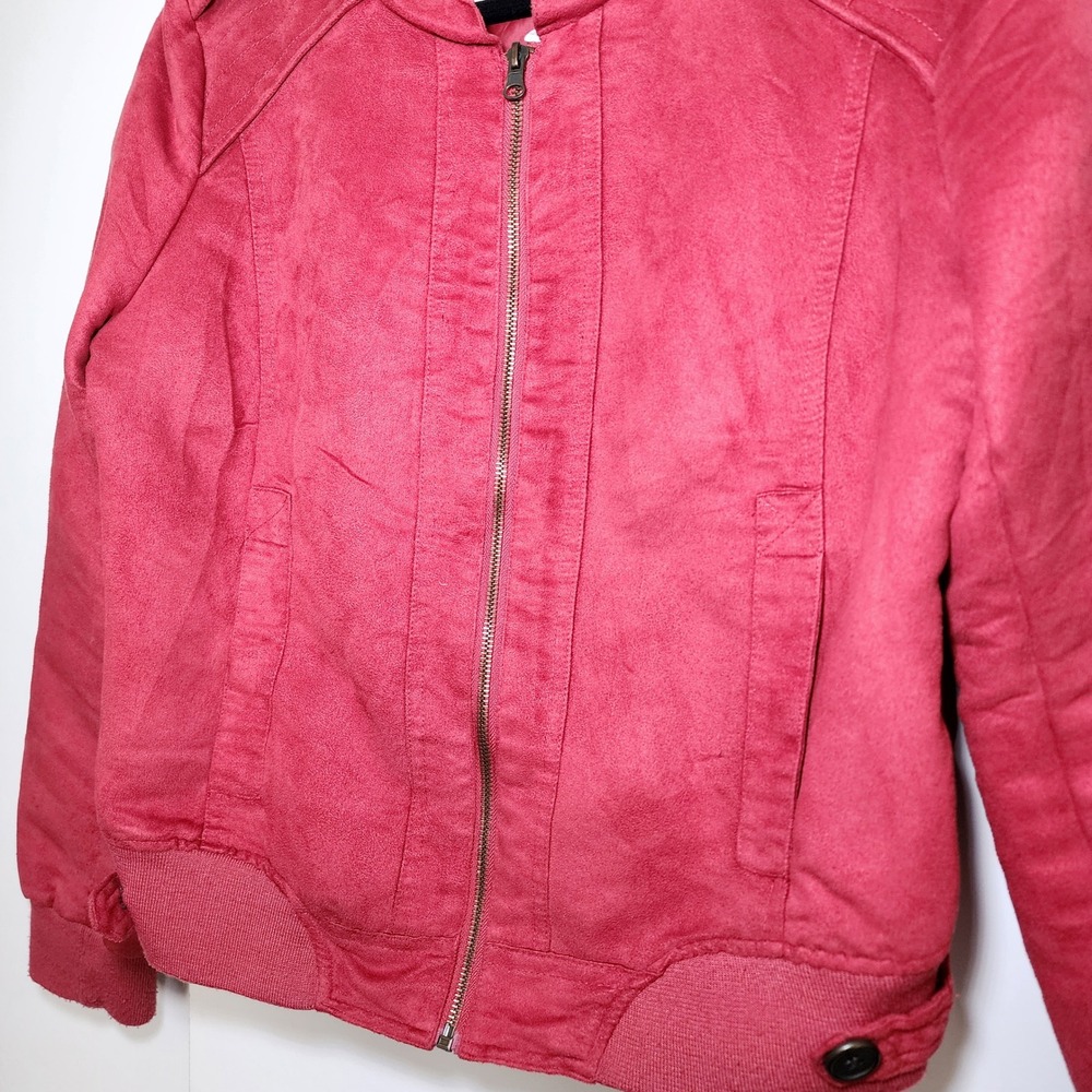 American Rag Faux Suede Bomber Jacket Women L Red Good Military Zip Epaulettes - Picture 6 of 6
